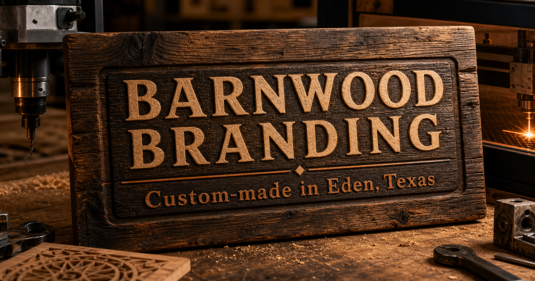 Engraved Barnwood Branding sign in a warm workshop